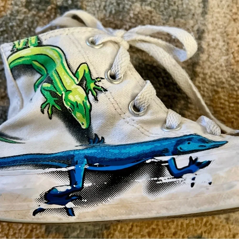 CONVERSE  All Star Kid White Blue High-Top Lizard Gecko Laces Shoes 13